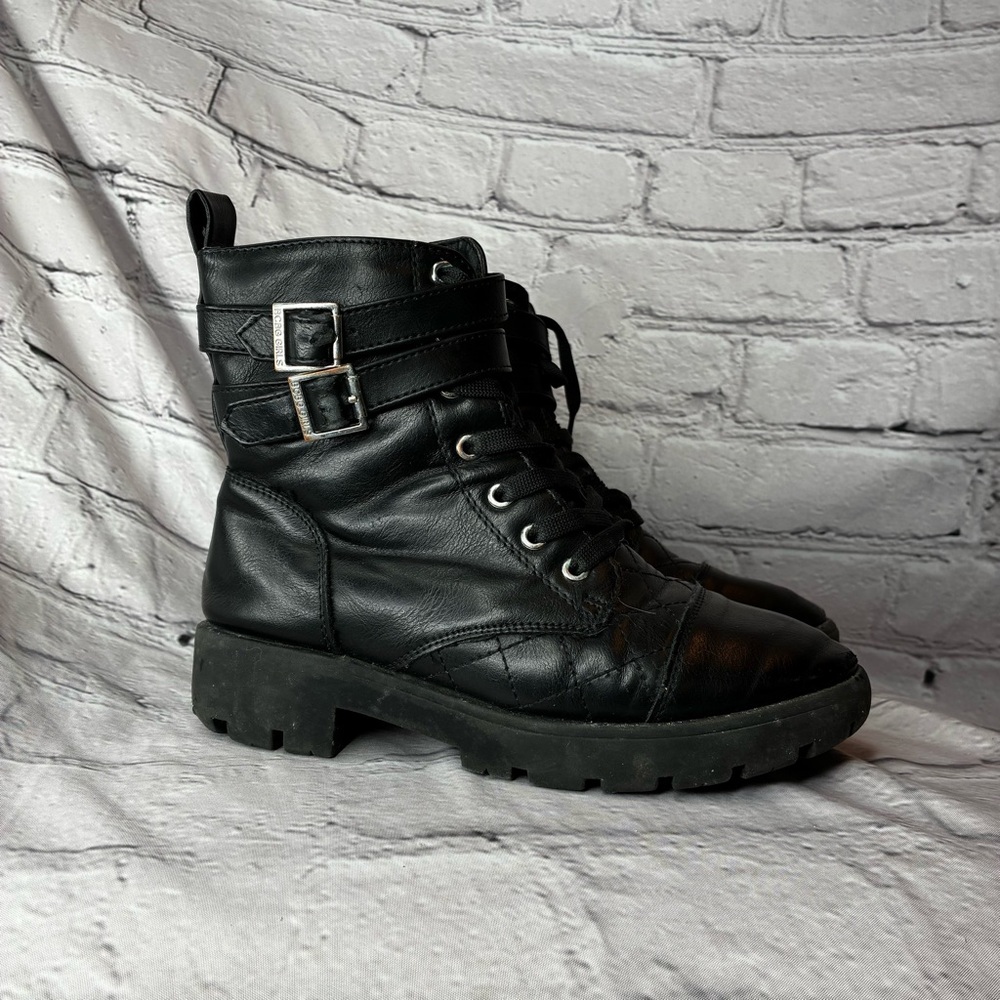 5/$20 BCBGirls Adrianna Black Side Zip Up Combat Moto Boots Buckles Sz 2 AS IS